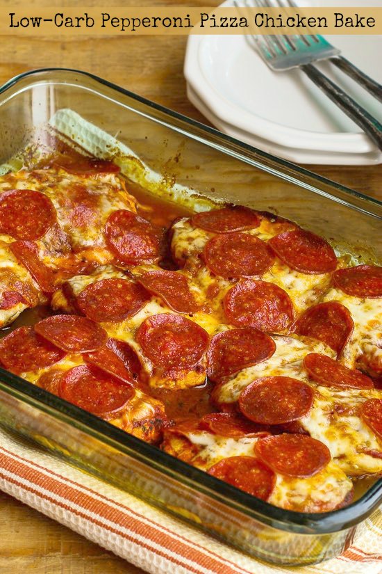 Low-Carb Pepperoni Pizza Chicken Bake found on KalynsKitchen.com