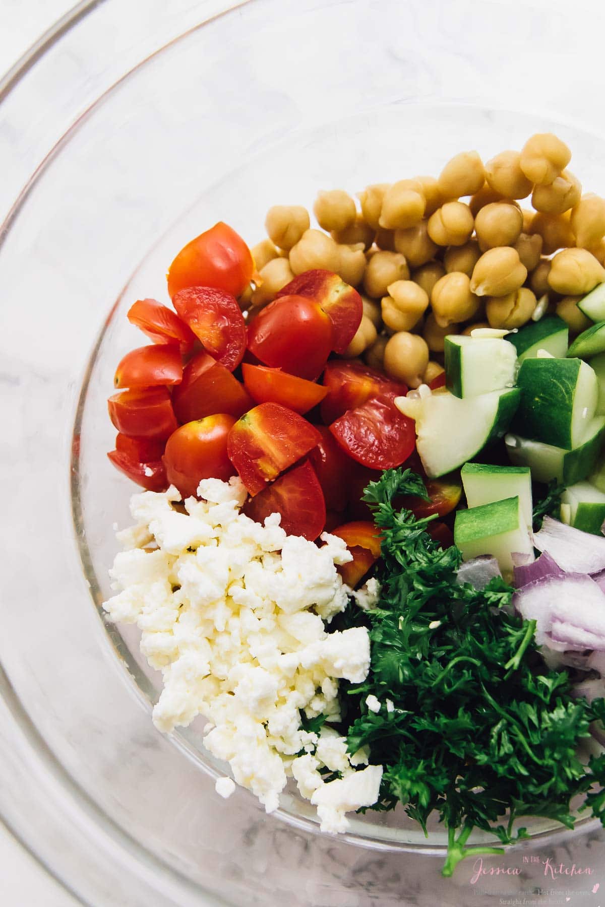 This 15-Minute Mediterranean Chickpea Salad is loaded with delicious and filling veggies, made in just 15 minutes and is perfect for meal prep! via https://jessicainthekitchen.com
