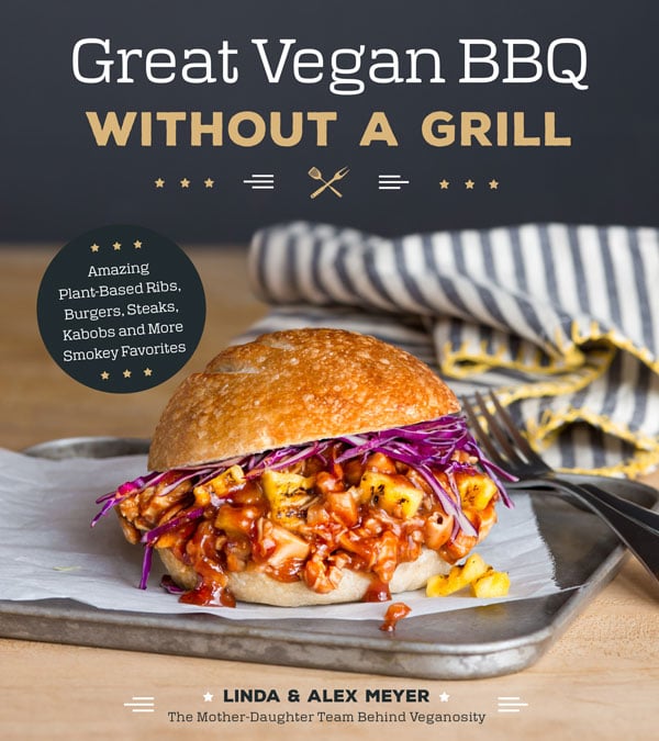 Book cover for Great Vegan BBQ Without a Grill with a pulled BBQ Sandwich on a silver tray with a fork and a blue striped napkin with yellow trim