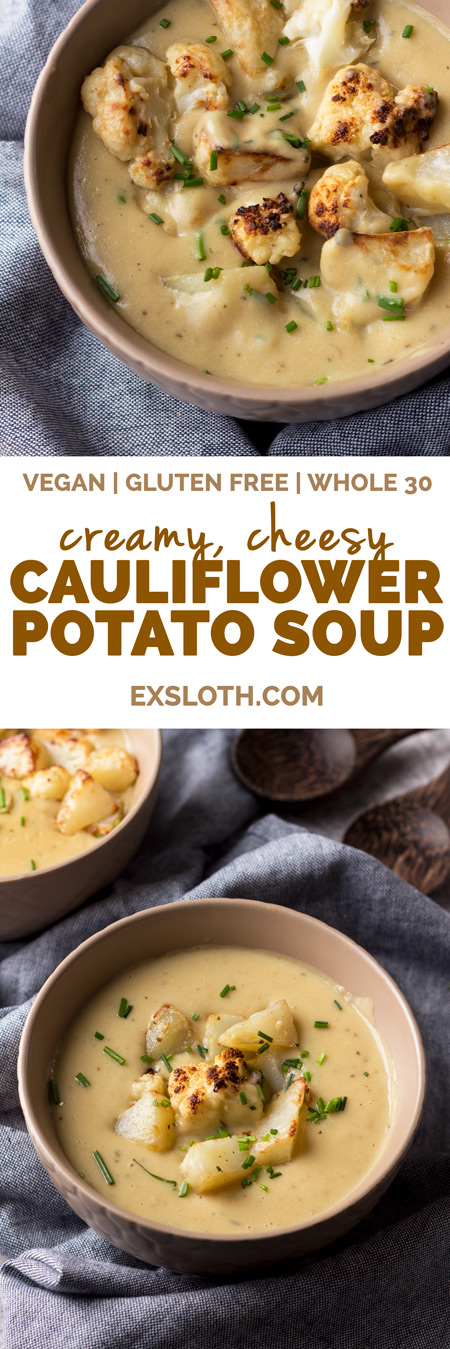 This cheesy vegan cauliflower soup is creamy, filling and bursting with flavour. It's also gluten-free, Whole30 approved and required just 1 hour and 10 ingredients. It's the perfect vegan soup for warming up on cold winter days | ExSloth.com