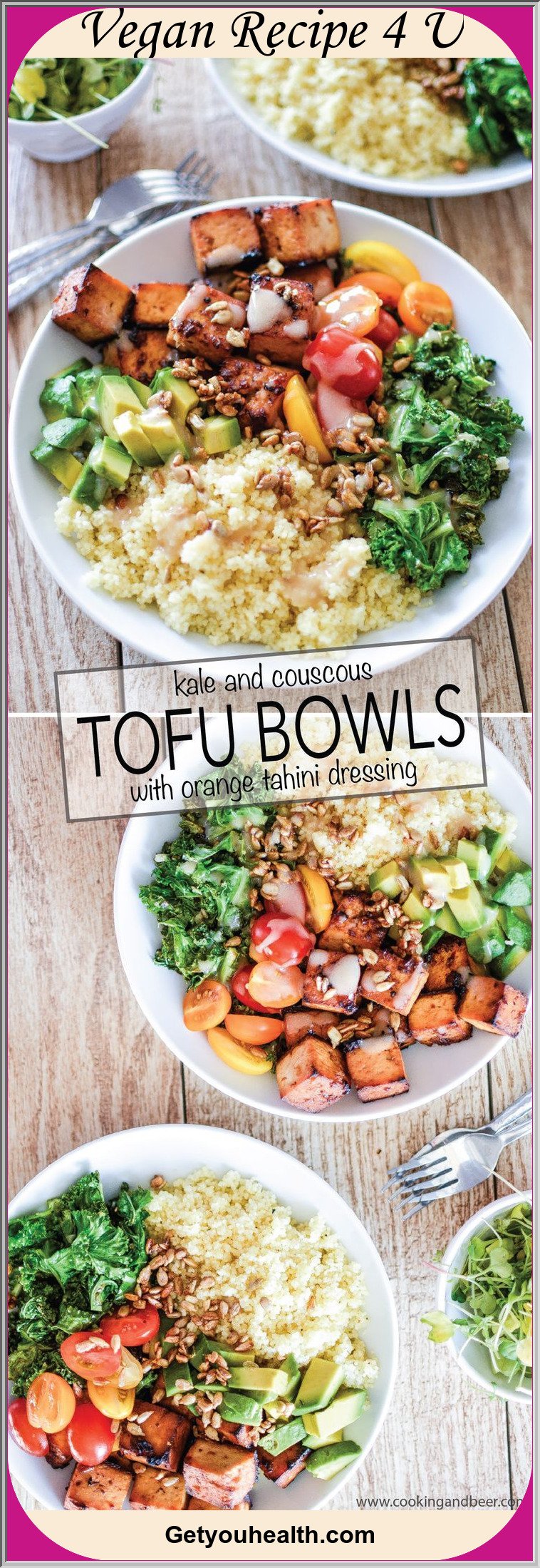 Kale And Couscous Tofu Bowls With Orange Tahini Dressing