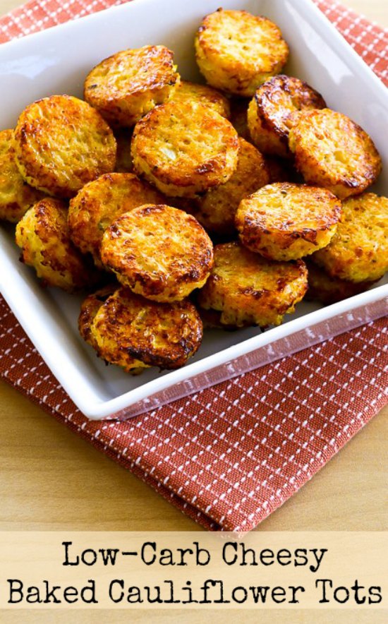 Low-Carb Cheesy Baked Cauliflower Tots found on KalynsKitchen.com