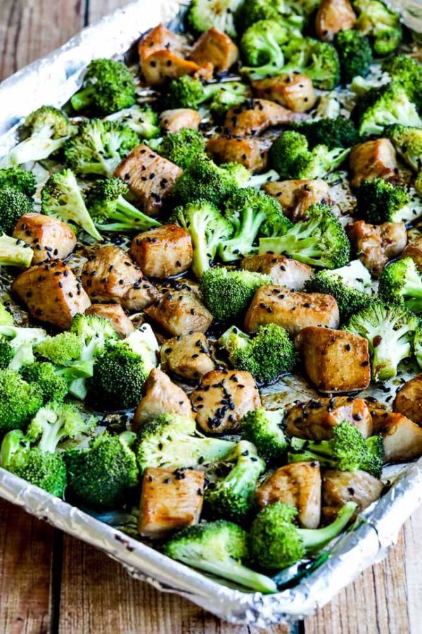 Low-Carb Sesame Chicken and Broccoli Sheet Pan Meal found on KalynsKitchen.com