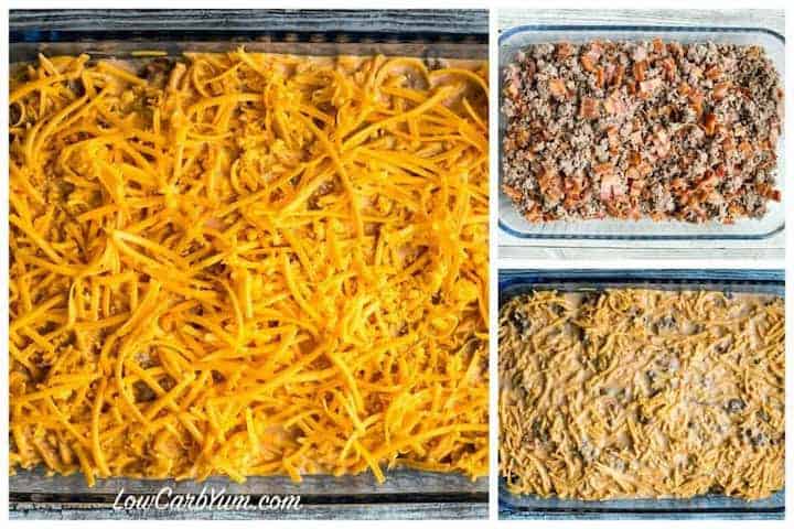 Low carb bacon cheeseburger casserole layers