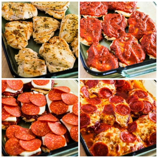 Low-Carb Pepperoni Pizza Chicken Bake found on KalynsKitchen.com