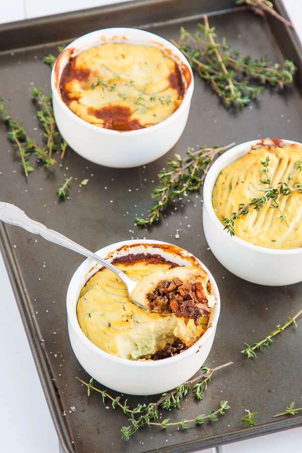 Vegan Shepherds Pie Recipe - the British classic gets a vegan makeover and lightened up with mushrooms and cauliflower. Try this low carb, vegan and gluten free Vegan Shepherds Pie today | DeliciousEveryday.com