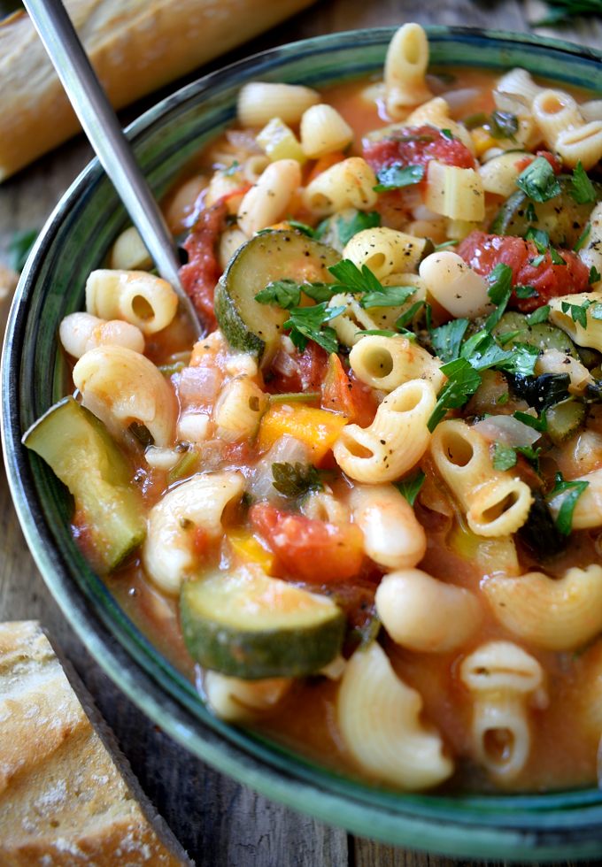 Vegetarian pasta fagioli is a simple, rustic Italian bean and pasta soup that’s extremely easy to make and can be on the table in just about 30 minutes. What’s fabulous about pasta e fagioli is that it’s like two recipes in one – add a bit more stock for a soup and a bit less for a pasta dish! Also totally vegan!