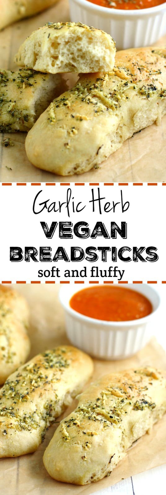 These soft and fluffy vegan garlic herb breadsticks are easy to make in a hurry! They are just right with pasta or soup and salad. A family favorite! #vegan #dairyfree